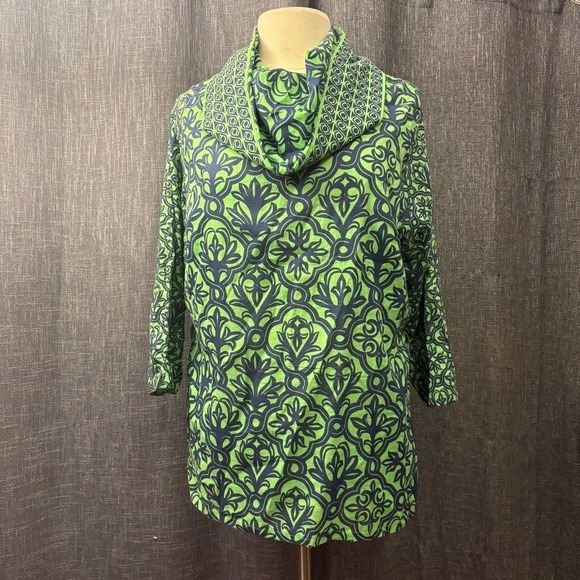 Gretchen Scott Tops - Gretchen Scott Cotton Voile Funnel Top Wall of Secrets Tunic Green/Navy (Large)‎